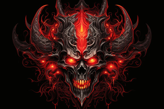 The skull of a red demon with horns 