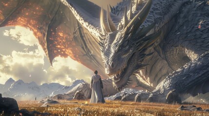 A man bravely standing in front of a giant dragon. Suitable for fantasy themes