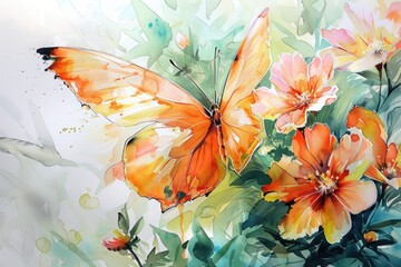 Beautiful watercolor painting of a butterfly and flowers. Perfect for nature-themed designs