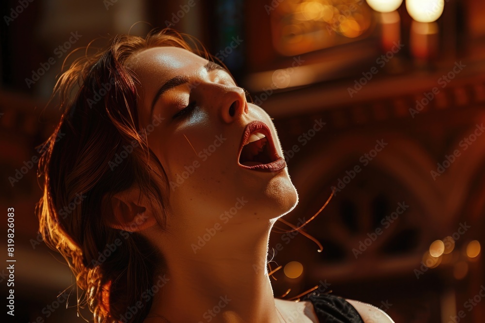 Aufkleber woman with open mouth and clock in background, suitable for concepts of time management