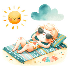 Cute Girl Relaxing on Beach Blanket