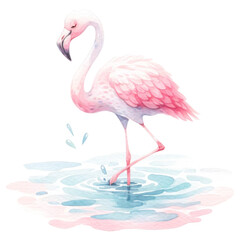 Pink Flamingo Wading in Shallow Water