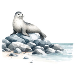 Cartoon Seal Resting on Rocky Shore