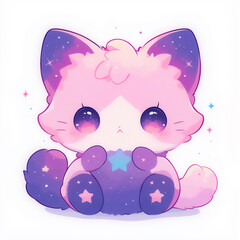 Cosmic cat kawaii illustration for stickers, logos and emotes, cloudy galaxy texture adorable cute design stationery set