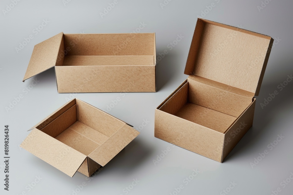 Aufkleber Three open cardboard boxes on a gray surface. Suitable for packaging or storage concepts