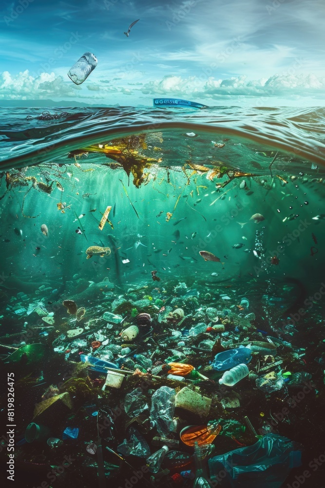 Poster Trash floating in the ocean, suitable for environmental concepts