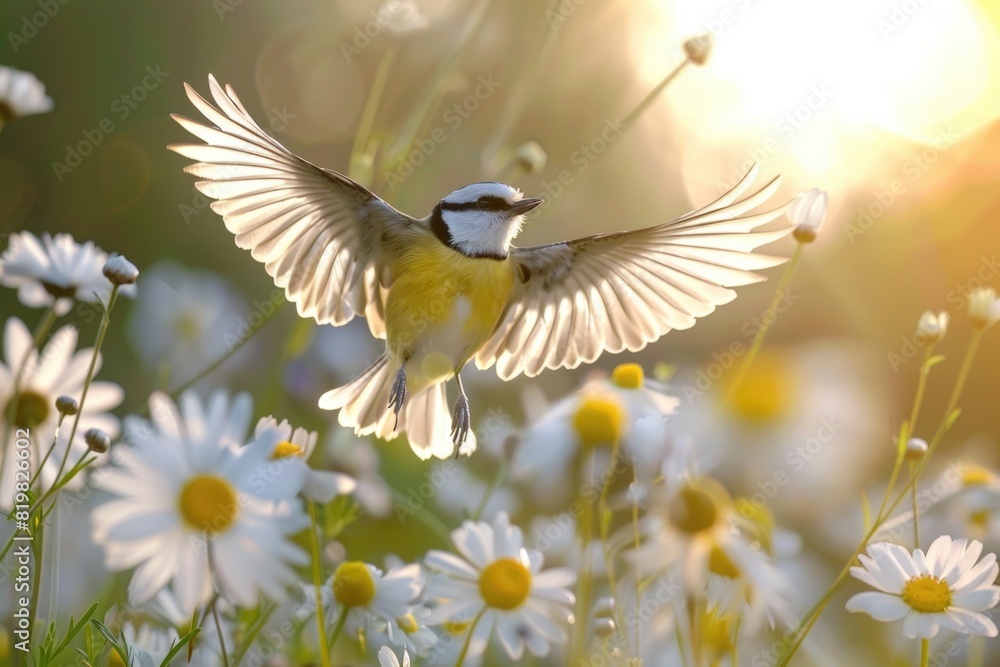 Poster a small bird flying over a field of colorful flowers. suitable for nature and wildlife concepts
