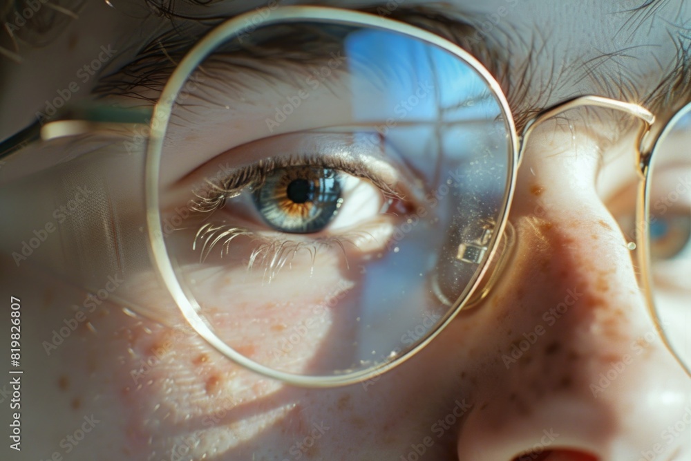 Poster close-up shot of a person wearing glasses. suitable for various concepts