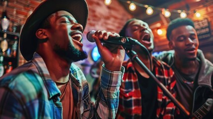 Obraz premium Group of men singing into a microphone, suitable for music events promotion