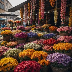 A market stall filled with an array of blooming flowers in various colors.
