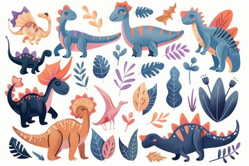 Group of cartoon dinosaurs surrounded by plants. Suitable for children's books or educational materials