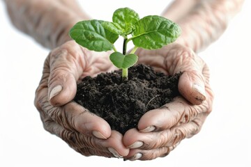 Plant in old hands isolated, young sprout, new plant growing in soil, organic farming, environment care, earth day