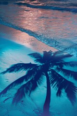 Palm tree shadows on blue water background, palm branch on beach pattern, ocean wave sunlight palm shadow