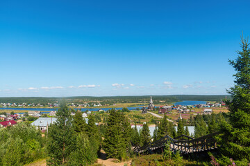 Panoramic view of the ancient fishing village of Varzuga on the Kola Peninsula in northern Russia