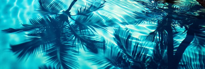 Palm tree shadows on blue water background, palm branch on beach pattern, lagoon, coral sand, paradise