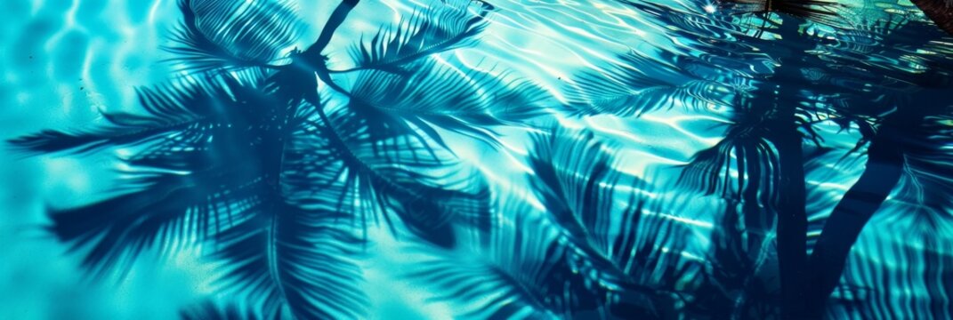 Palm tree shadows on blue water background, palm branch on beach pattern, lagoon, coral sand, paradise