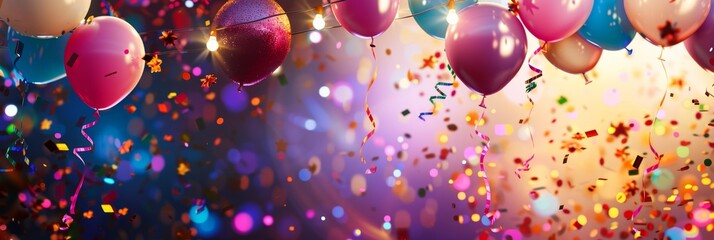 Party background with lights banner, balloons mockup, confetti pattern, serpentine banner, festive sale