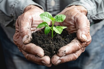 Plant in hands, young sprout, new plant growing in soil, organic farming, environment care, earth day