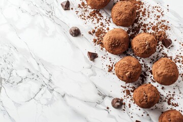 Chocolate truffles, sweets on marble background, scattered chocolates on natural white stone top view