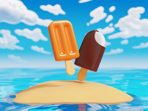 Summer 3d popsicle illustration on the beach with blue sea and clear cloudy sky.