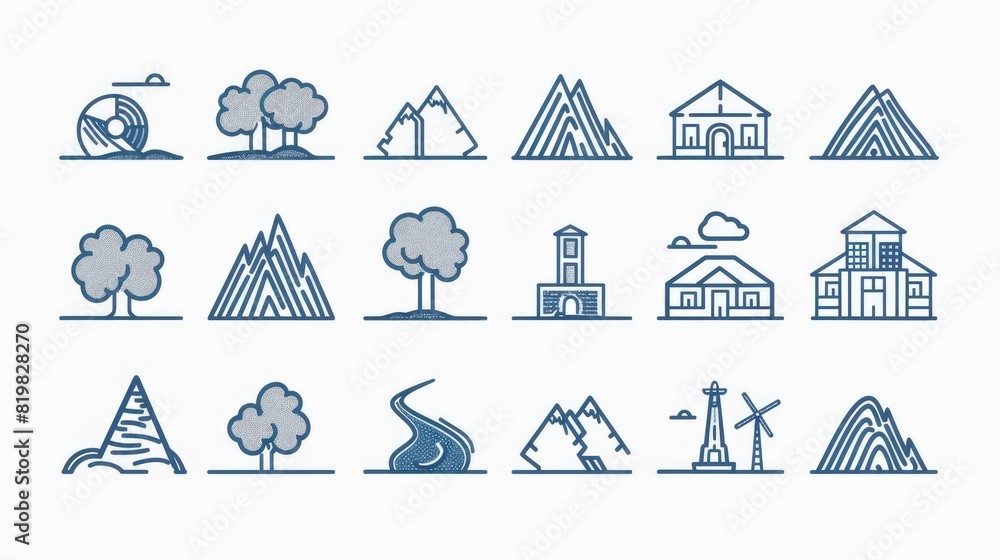Aufkleber Different types of buildings surrounded by trees, suitable for various design projects