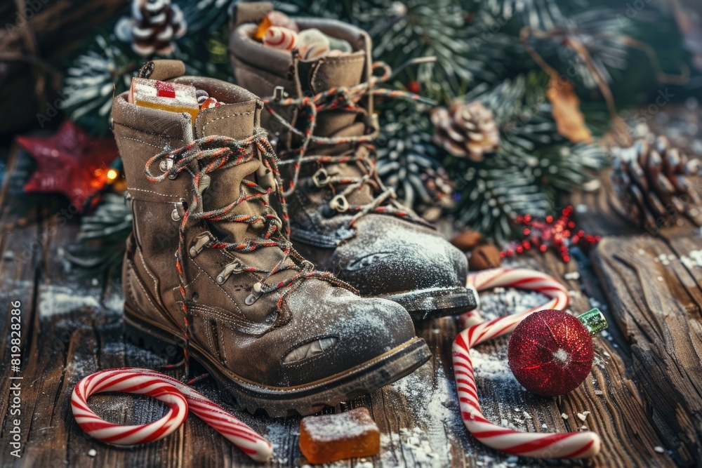 Aufkleber pair of boots resting on a rustic wooden table, suitable for various lifestyle and fashion concepts