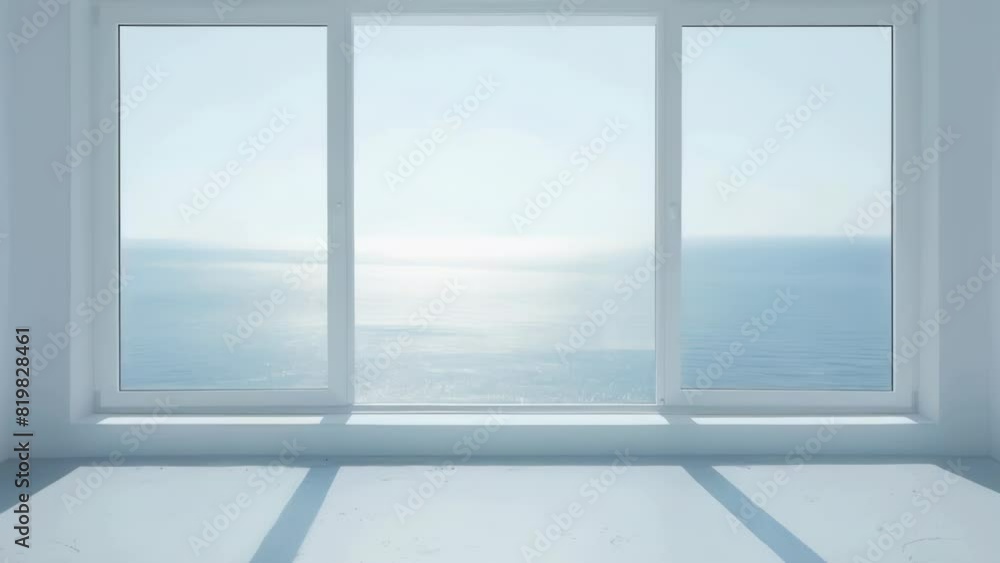Aufkleber a window with a view of the ocean. the room is empty and the window is open