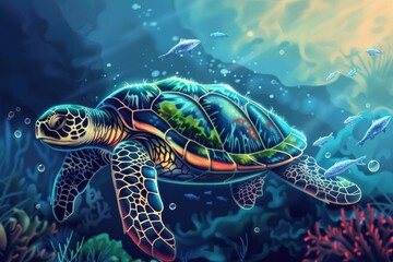 Fototapeta premium A beautiful painting of a turtle swimming in the ocean. Ideal for nature and marine themed projects