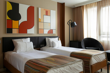 Chic hotel room, two single beds, abstract art, sofa set, black chair. Stylish decor.