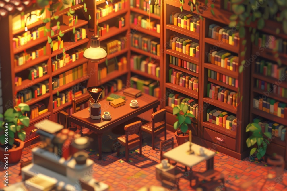 Poster a detailed miniature model of a library with a table and chairs. perfect for educational and interio