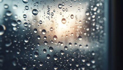 Fototapeta premium Raindrops on Window with Blurred Sunset in Background