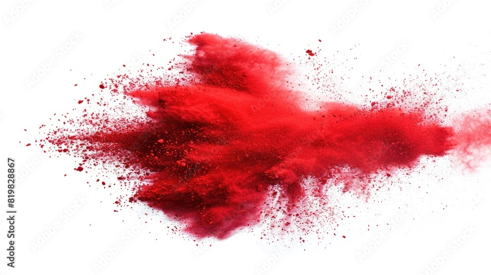 Poster a vibrant red powder exploding on a clean white backdrop. ideal for creative projects and vibrant de