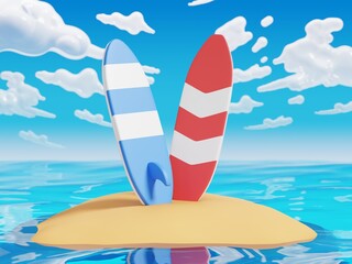 Summer 3d surfboard illustration on the beach with blue sea and clear cloudy sky.