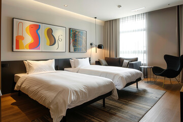 Chic hotel room, two single beds, modern art pieces, cozy sofa set, black chair. Trendy and comfortable.