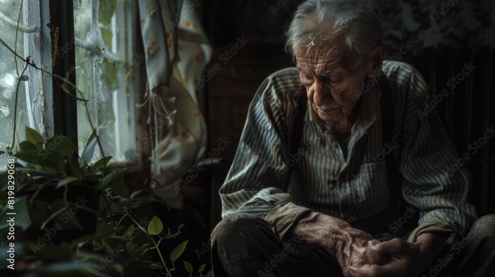 Poster An old man sitting peacefully by a window, suitable for various concepts