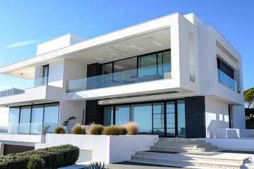 Fototapeta premium luxury modern home exterior with sleek white facades and expansive glass windows