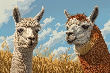 Obraz premium A painting of two llamas in a field. Suitable for nature and animal-themed projects