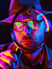 longo full shot Marketing Proffesional looking through a big magnifying glass like a detective, neon fuxia lights, fuxia and blue and orange iridescent ambien