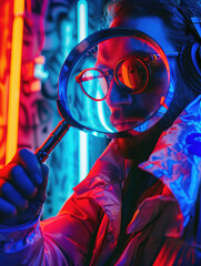 longo full shot Marketing Proffesional looking through a big magnifying glass like a detective, neon fuxia lights, fuxia and blue and orange iridescent ambien