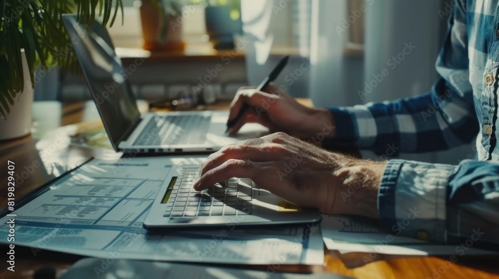 Aufkleber A man is typing on a laptop computer. Suitable for technology and business concepts