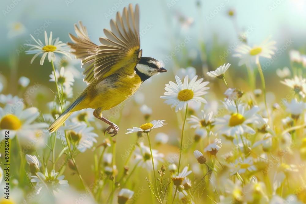 Poster a bird soaring over a colorful flower field. ideal for nature and wildlife concepts