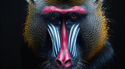 Close up of a mandrill's face on a black background. Ideal for educational materials or wildlife documentaries