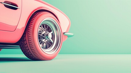 Shiny coral car tires on a pale turquoise backdrop - durability and performance in automotive design