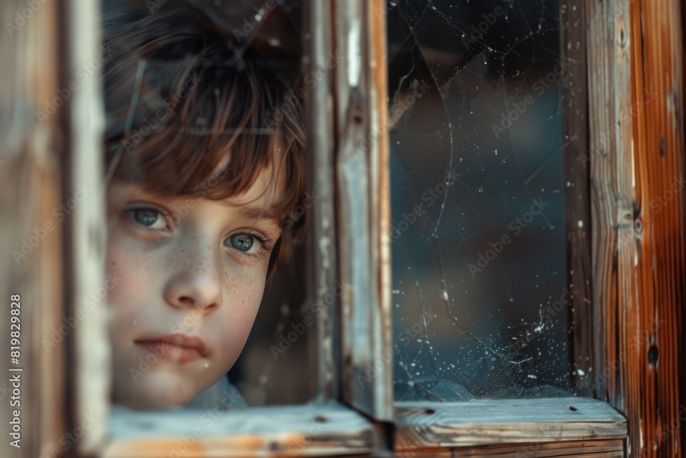 Poster a young boy looking out of a window. suitable for various concepts and themes
