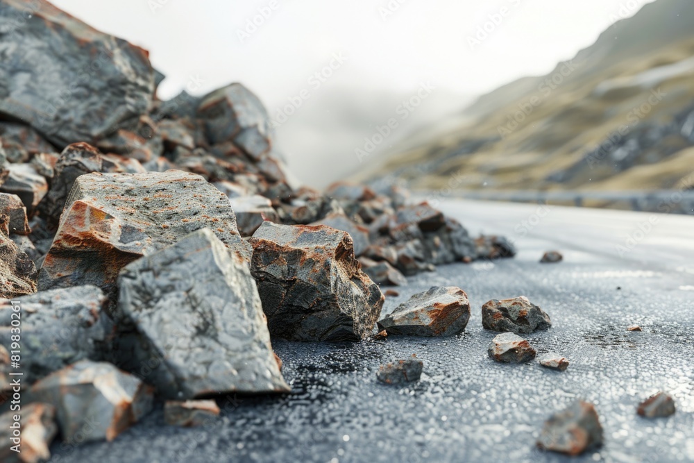 Poster a pile of rocks on the side of a road. suitable for construction or transportation concepts
