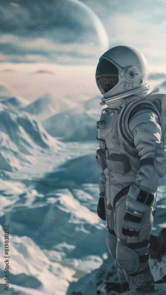 Poster a man in a white spacesuit stands on a snowy mountain. the scene is set in outer space, with a large