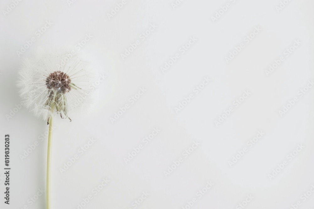 Poster A single dandelion on a plain white background. Suitable for various design projects