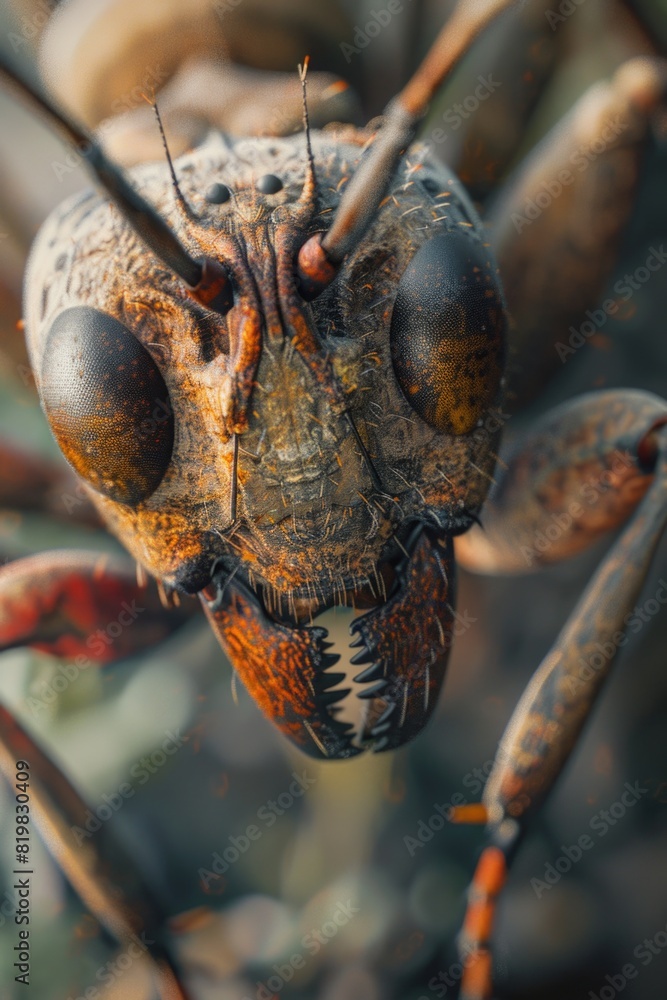 Poster Detailed close-up of a bug's face with a blurred background. Suitable for nature and macro photography projects