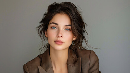 Fototapeta premium Elegant brunette lady with a sleek hairstyle, posing stylishly in a corporate setting