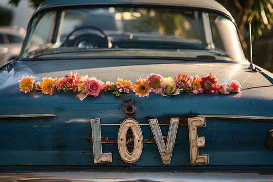vintage blue car decorated with colorful flowers and love sign
